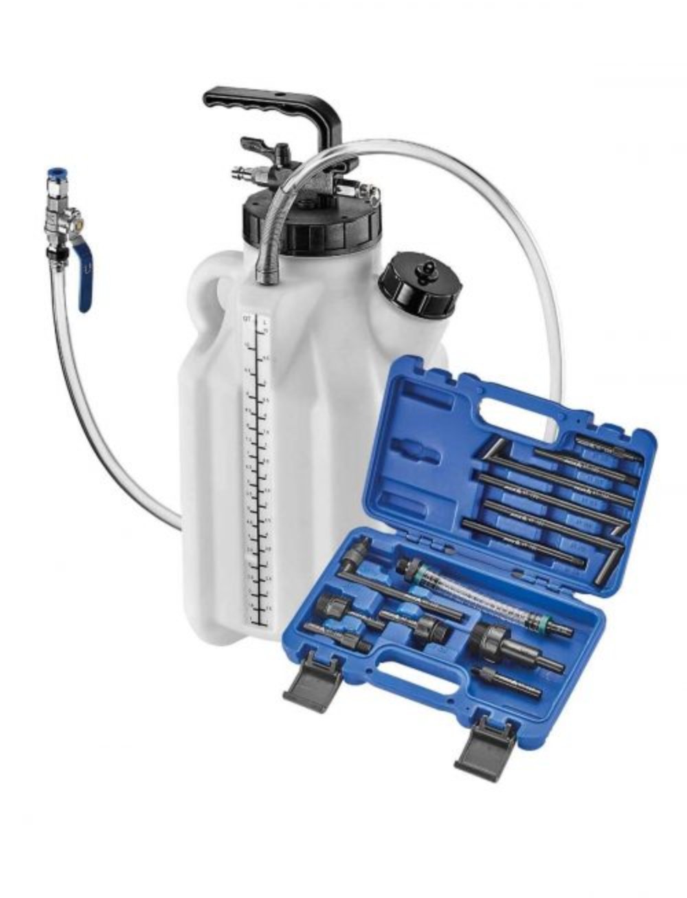 "Pumpa pneumatska za zamenu ulja na automatskim menjačima rezervoara 10L, pritiska 0-30 bara, priključak za vazduh 1/4"" + 13 adaptera ASTA"